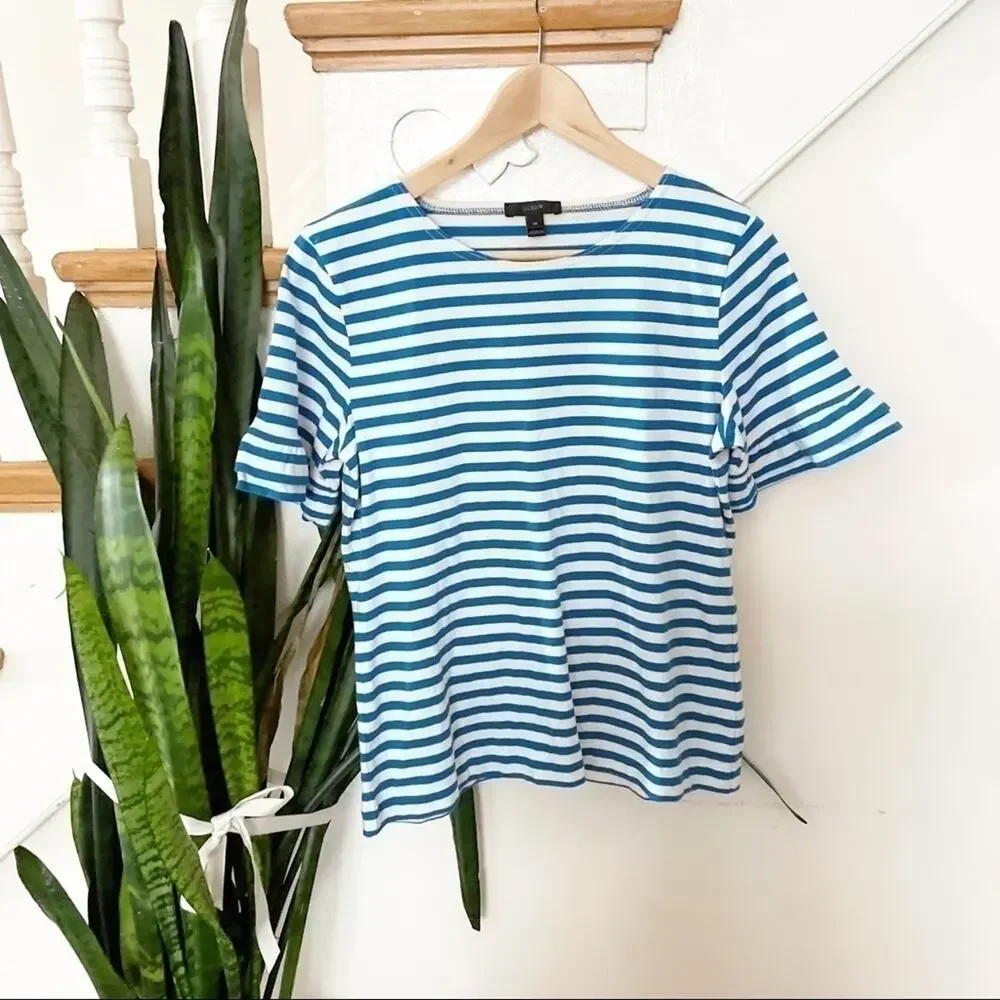 J.Crew Blue White Ruffle Sleeve Stripe blouse XS